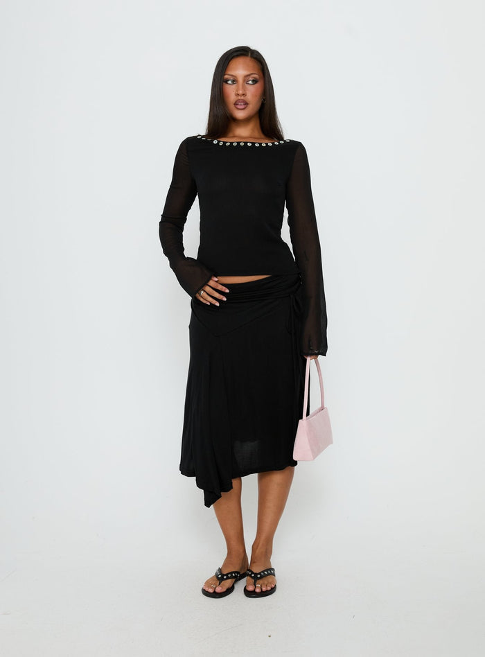 front view of model wearing Princess Polly Joaney Tie Side Jersey Midi Skirt Black Midi Skirts Skirts