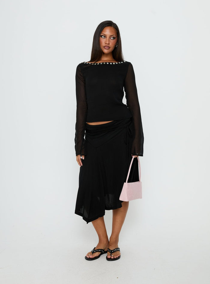 side view of model wearing Princess Polly Joaney Tie Side Jersey Midi Skirt Black Midi Skirts Skirts