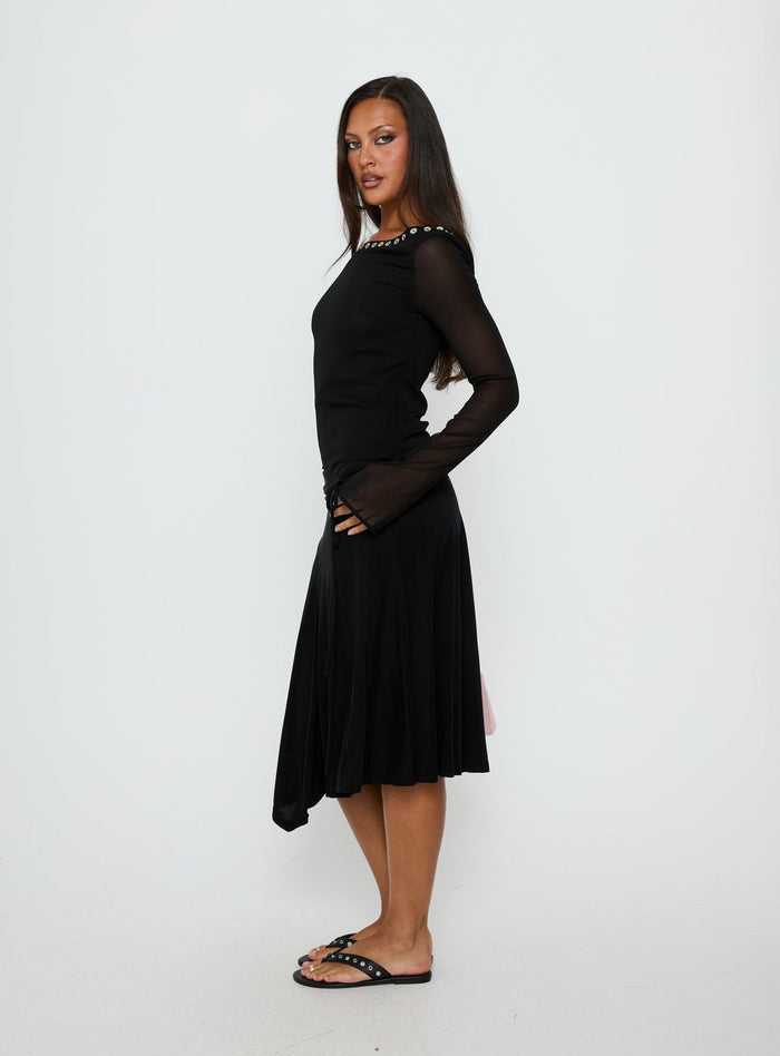 side view of model wearing Princess Polly Joaney Tie Side Jersey Midi Skirt Black Midi Skirts Skirts