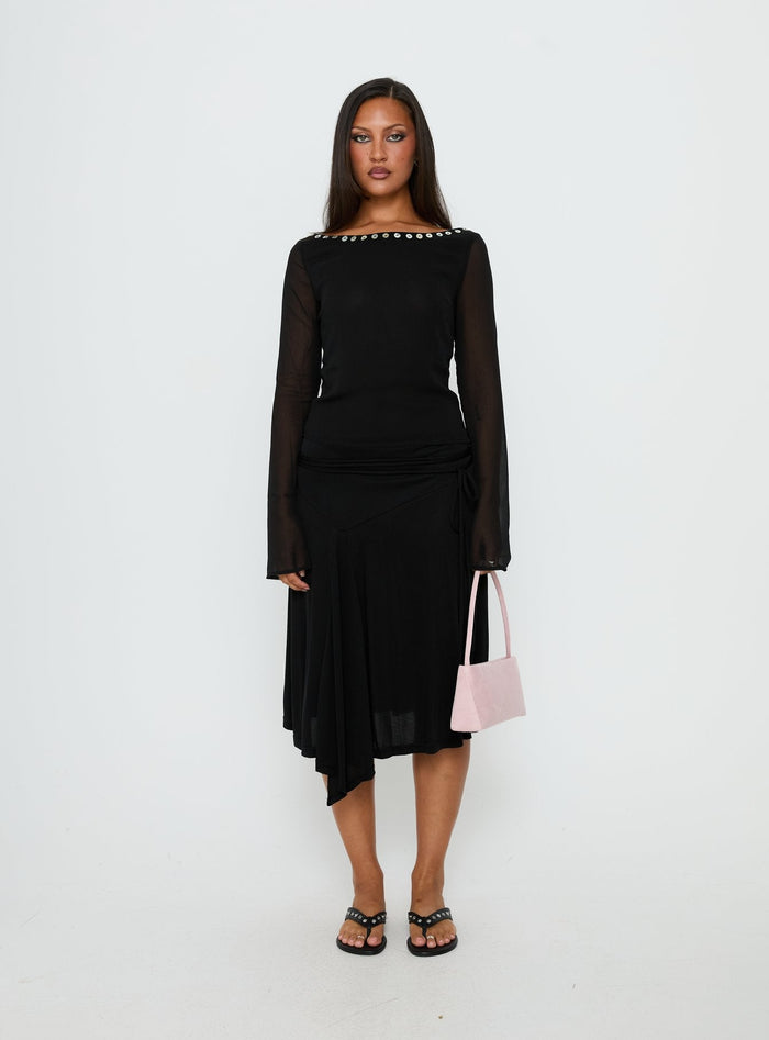 side view of model wearing Princess Polly Joaney Tie Side Jersey Midi Skirt Black Midi Skirts Skirts