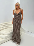 front view of model wearing Princess Polly Jorjana Polka Maxi Dress Brown / White Plunger