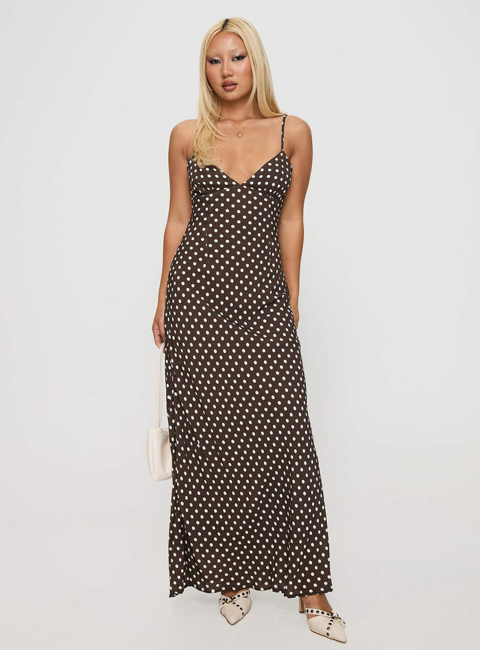 front view of model wearing Princess Polly Jorjana Polka Maxi Dress Brown / White Plunger
