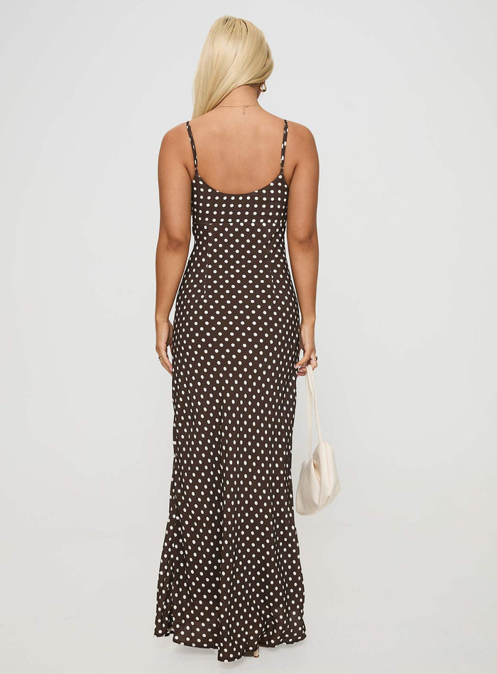 back view of model wearing Princess Polly Jorjana Polka Maxi Dress Brown / White Plunger