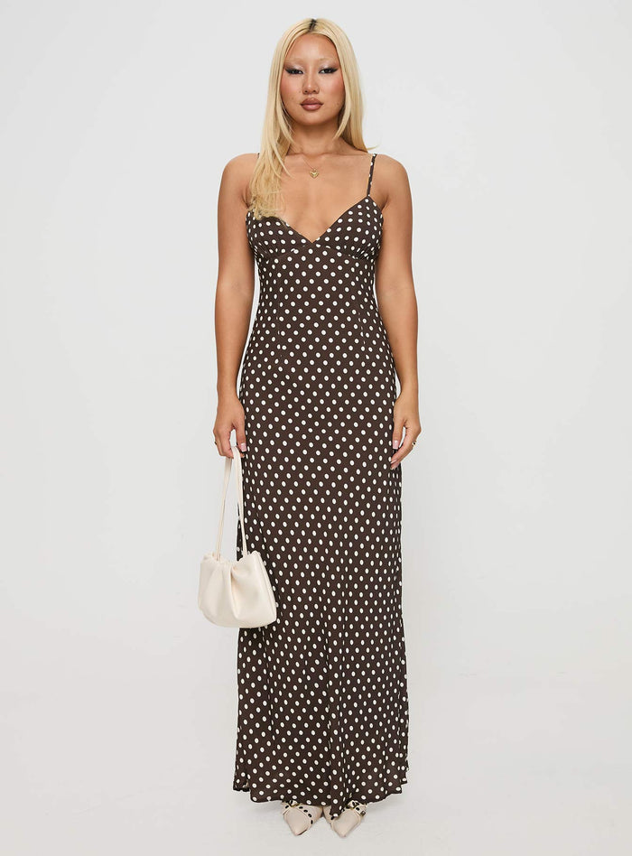 front view of model wearing Princess Polly Jorjana Polka Maxi Dress Brown / White Plunger