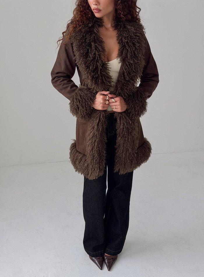 Josefina Faux Fur Detail Jacket Chocolate