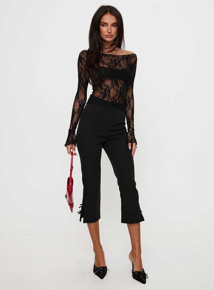 front view of model wearing Princess Polly Junah Sheer Lace Long Sleeve Top Black Full Sleeves Boat Neck