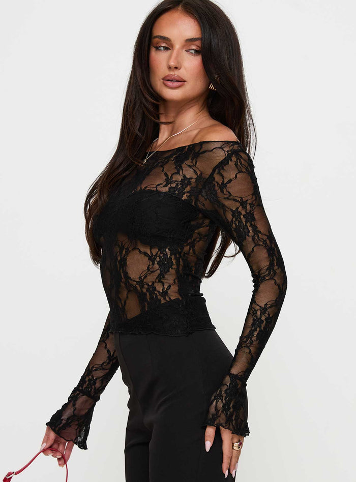 side view of model wearing Princess Polly Junah Sheer Lace Long Sleeve Top Black Full Sleeves Boat Neck