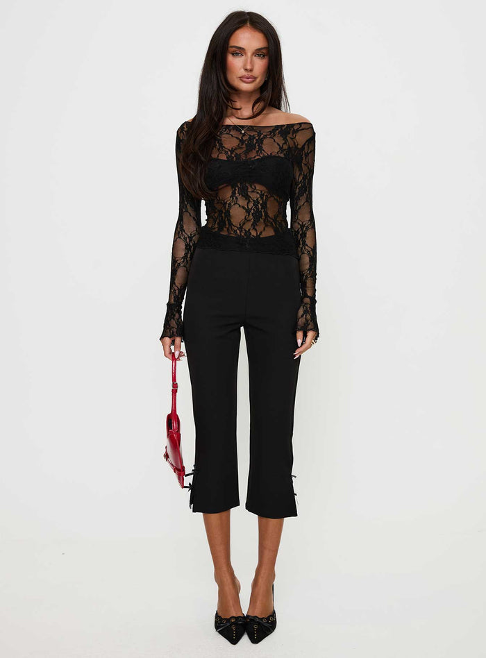 front view of model wearing Princess Polly Junah Sheer Lace Long Sleeve Top Black Full Sleeves Boat Neck