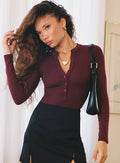 front view of model wearing Princess Polly Kandis Long Sleeve Bodysuit Burgundy Long Sleeve Tops