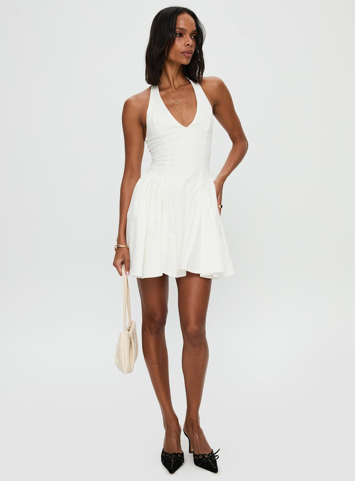 back view of model wearing Princess Polly Karisse Halter Mini Dress White Plunger