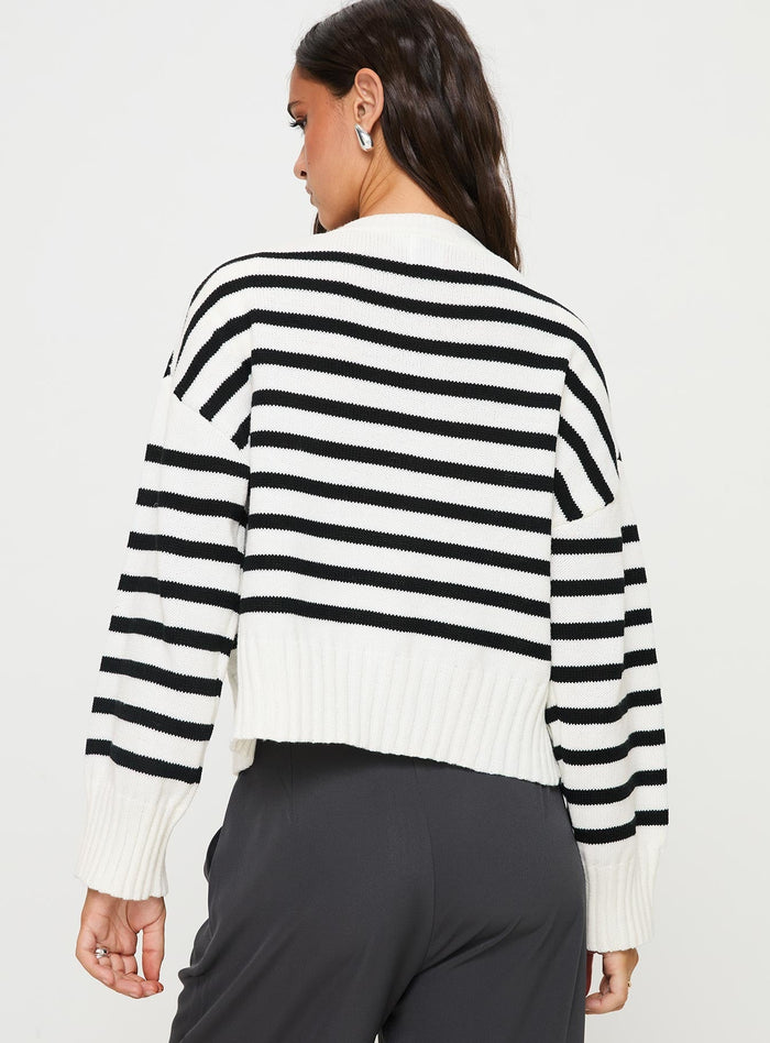 back view of model wearing Princess Polly Karlson Striped Cardigan Cream / Black cropped