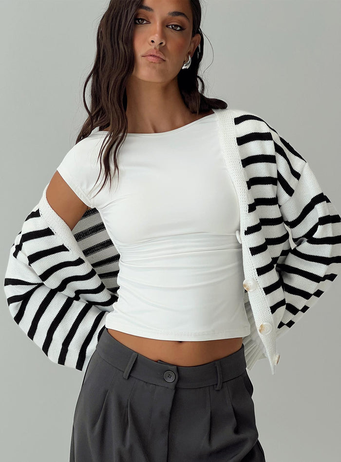 front view of model wearing Princess Polly Karlson Striped Cardigan Cream / Black cropped