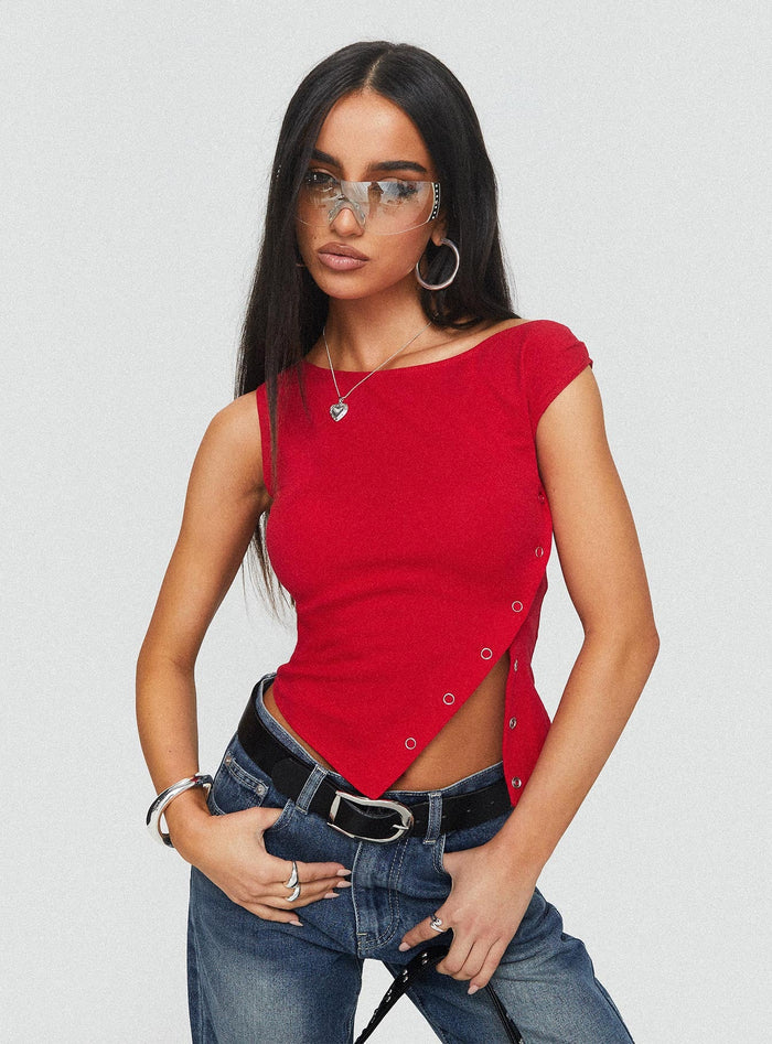 front view of model wearing Princess Polly Karre Off The Shoulder Top Red Short Sleeves Boat Neck