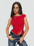 front view of model wearing Princess Polly Karre Off The Shoulder Top Red Short Sleeves Boat Neck