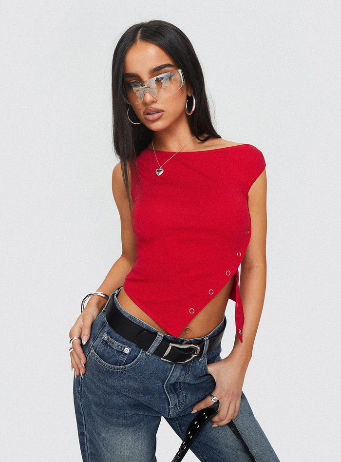 front view of model wearing Princess Polly Karre Off The Shoulder Top Red Short Sleeves Boat Neck