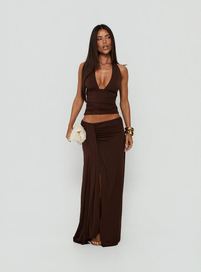 Showcasing the Keerah Ruched Maxi Skirt Brown in womens-skirts with maxi length front view of model wearing Princess Polly