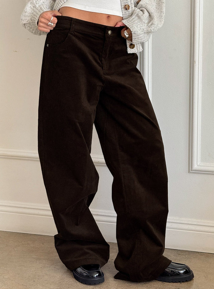 side view of model wearing Princess Polly Kenza Wide Leg Corduroy Pant Brown Mid Rise Pants