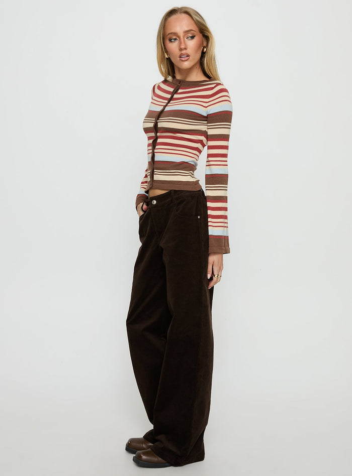 back view of model wearing Princess Polly Kenza Wide Leg Corduroy Pant Brown Mid Rise Pants