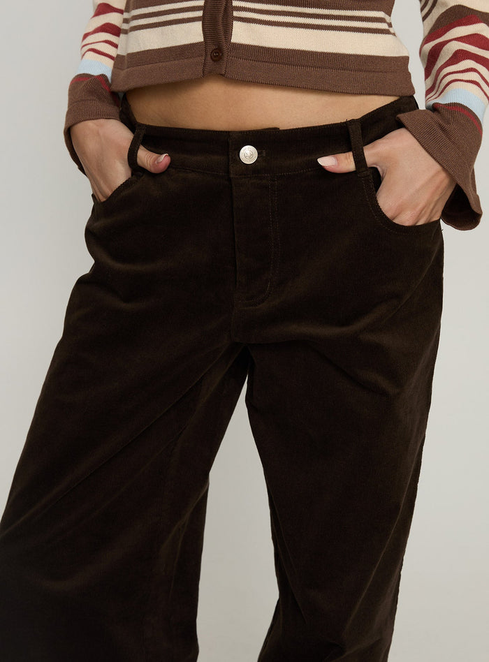 front view of model wearing Princess Polly Kenza Wide Leg Corduroy Pant Brown Mid Rise Pants