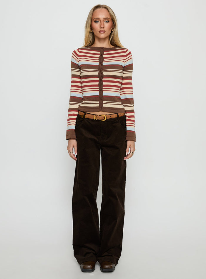 front view of model wearing Princess Polly Kenza Wide Leg Corduroy Pant Brown Mid Rise Pants