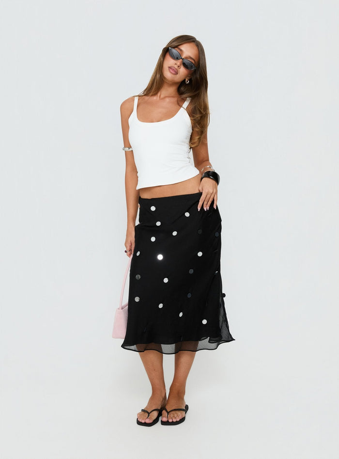 side view of model wearing Princess Polly Kessiah Sequin Midi Skirt Black Midi Skirts Skirts