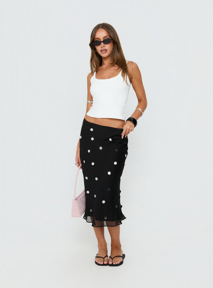 front view of model wearing Princess Polly Kessiah Sequin Midi Skirt Black Midi Skirts Skirts