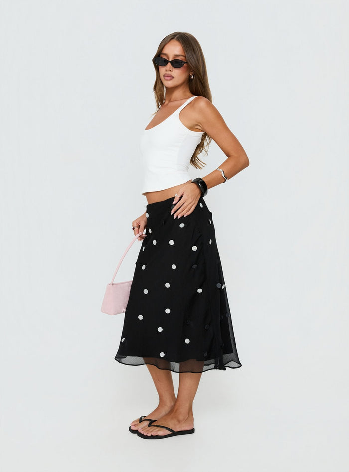 side view of model wearing Princess Polly Kessiah Sequin Midi Skirt Black Midi Skirts Skirts