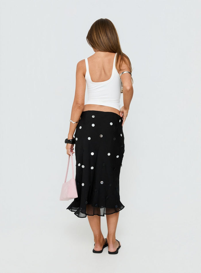 back view of model wearing Princess Polly Kessiah Sequin Midi Skirt Black Midi Skirts Skirts