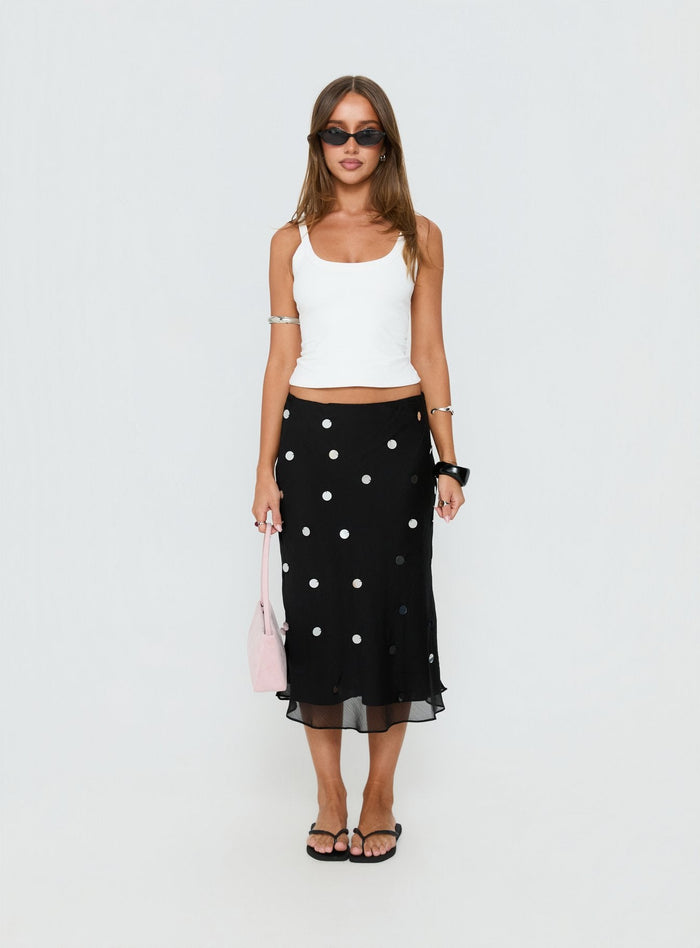 front view of model wearing Princess Polly Kessiah Sequin Midi Skirt Black Midi Skirts Skirts