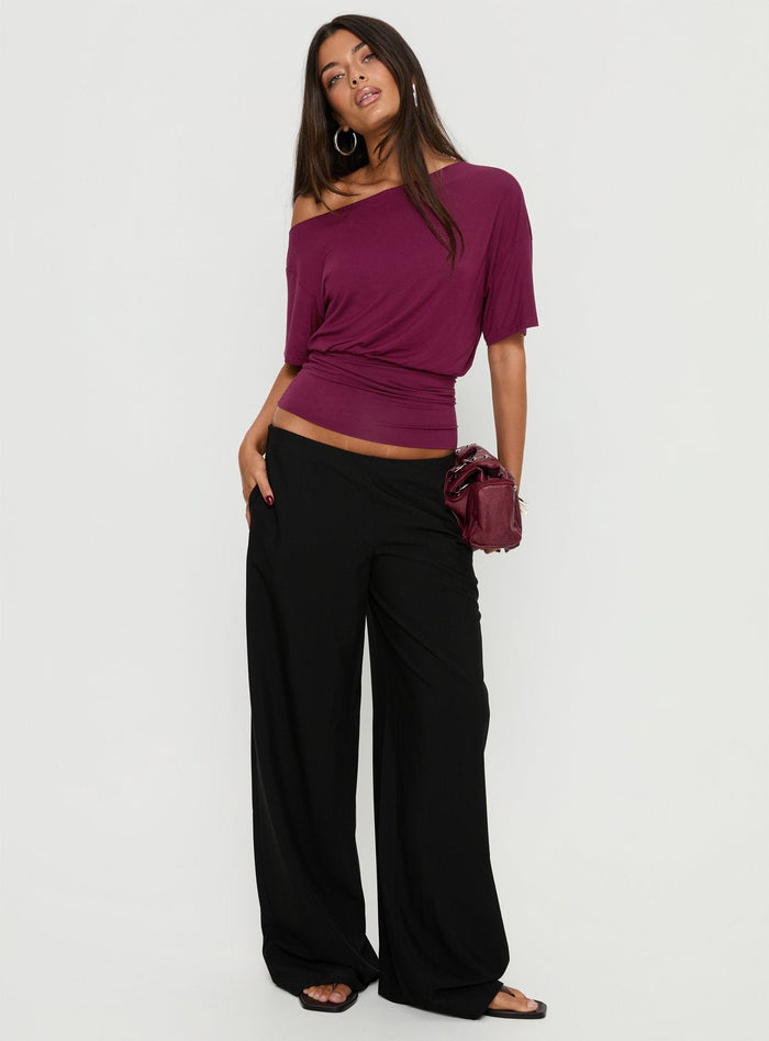 front view of model wearing Princess Polly Khane Low Rise Wide Leg Pant Black Low Rise Pants