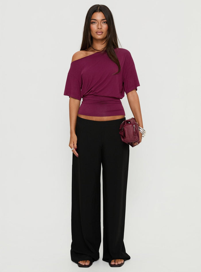 front view of model wearing Princess Polly Khane Low Rise Wide Leg Pant Black Low Rise Pants