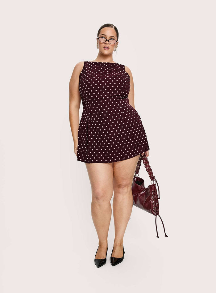 Kherin Boat Neck Playsuit Wine Polka Curve