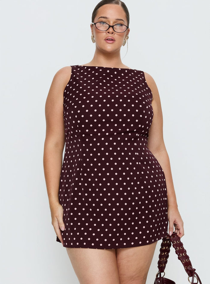 Kherin Boat Neck Playsuit Wine Polka Curve