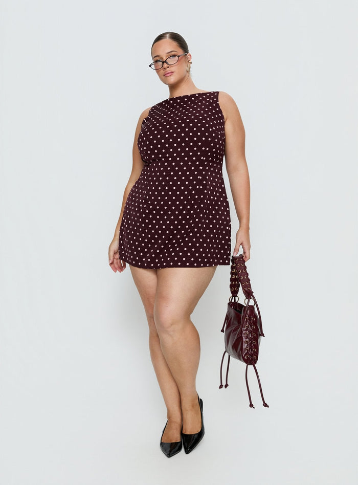 Kherin Boat Neck Playsuit Wine Polka Curve