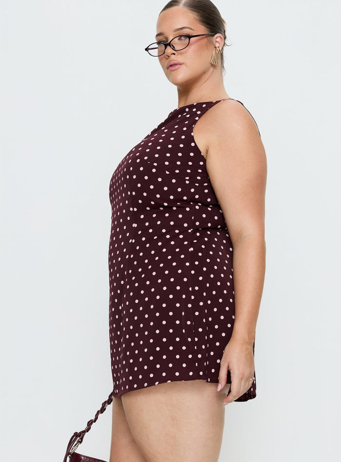 Kherin Boat Neck Playsuit Wine Polka Curve
