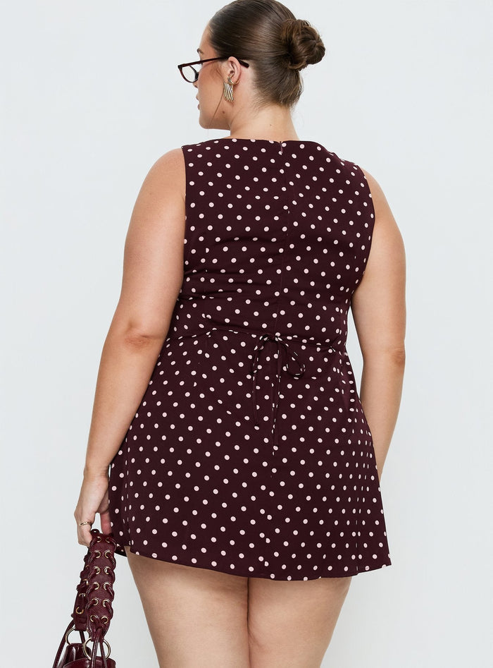 Kherin Boat Neck Playsuit Wine Polka Curve