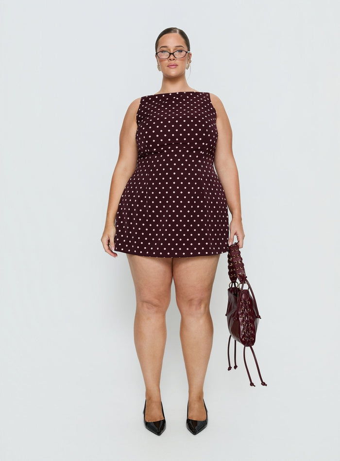 Kherin Boat Neck Playsuit Wine Polka Curve