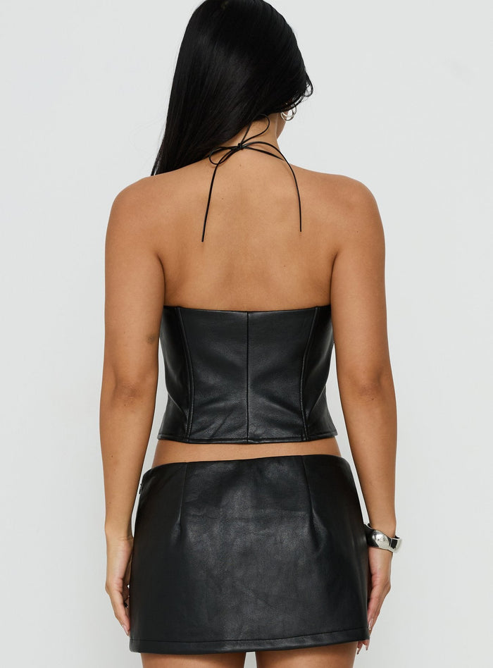 Kianah Faux Leather Tie Neck Corset Top Black