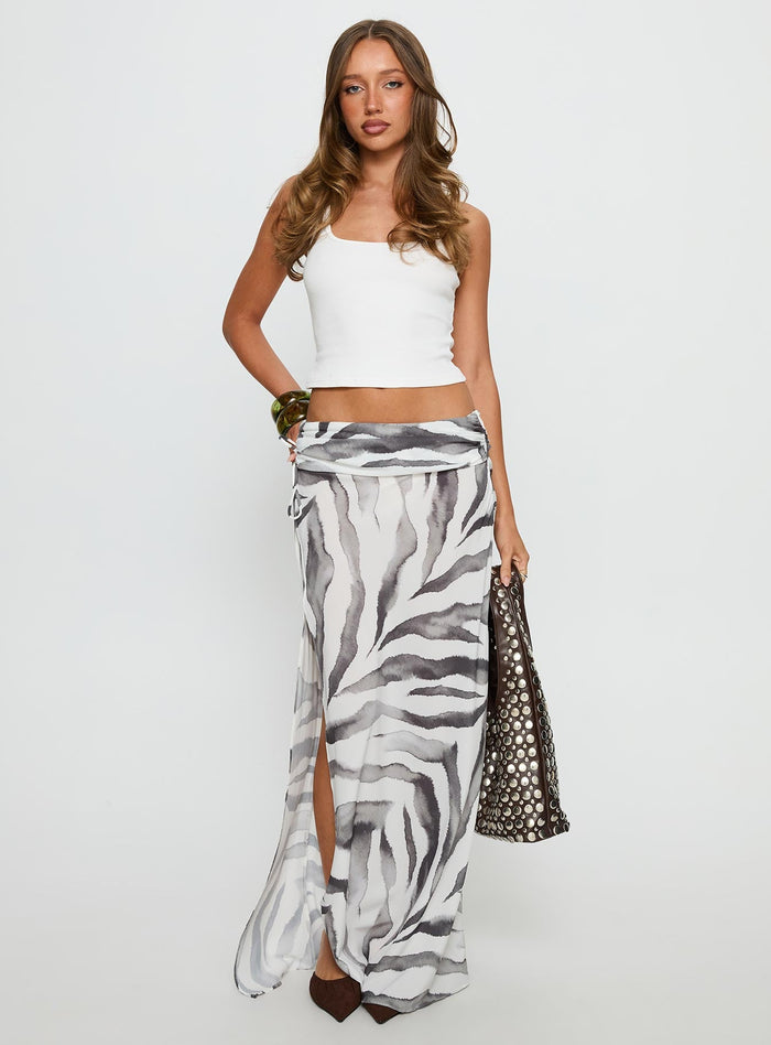 front view of model wearing Princess Polly Kiden Split Maxi Skirt Zebra Maxi Skirts