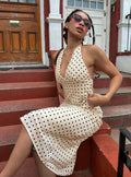 front view of model wearing Princess Polly Kimbelle Halter Maxi Dress Cream / Polka Dot Plunger