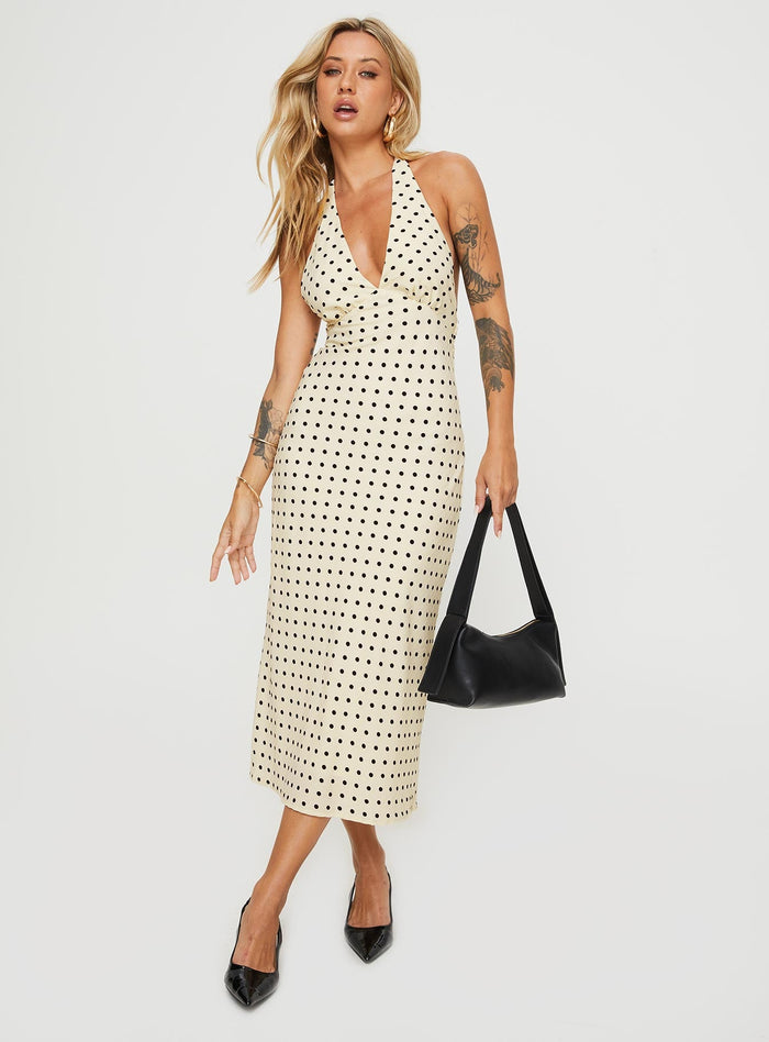 front view of model wearing Princess Polly Kimbelle Halter Maxi Dress Cream / Polka Dot Plunger