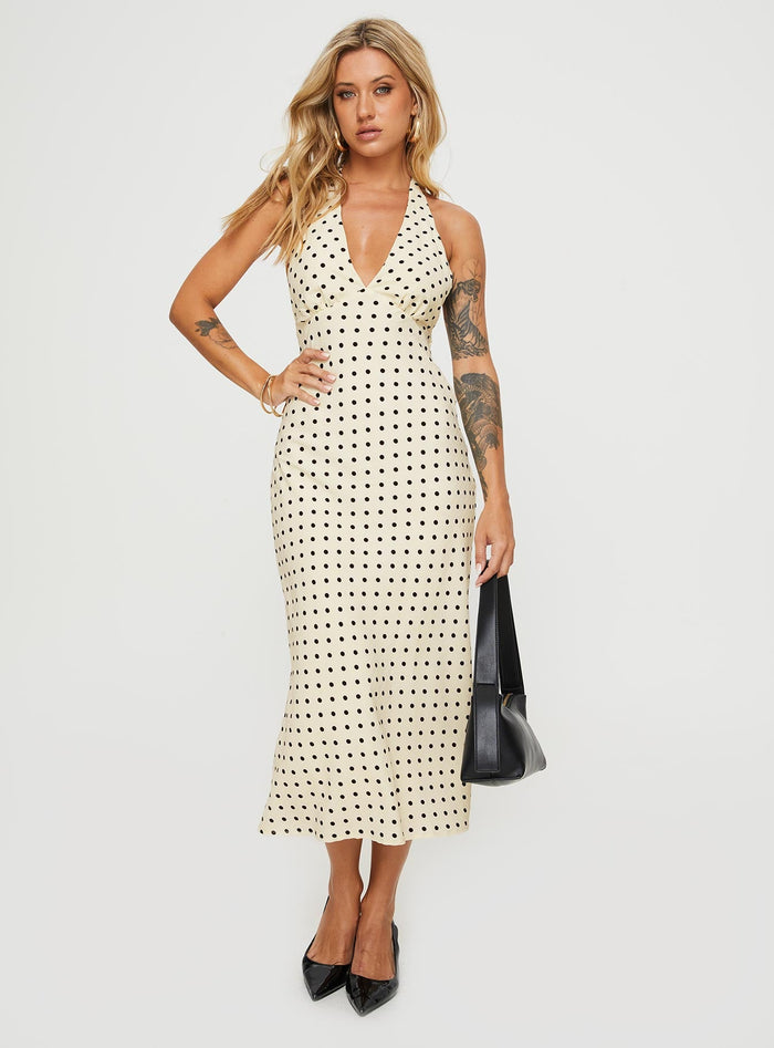 front view of model wearing Princess Polly Kimbelle Halter Maxi Dress Cream / Polka Dot Plunger