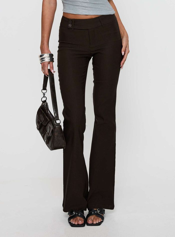 front view of model wearing Princess Polly Kinkirk Flared Pants Chocolate Low Rise Pants