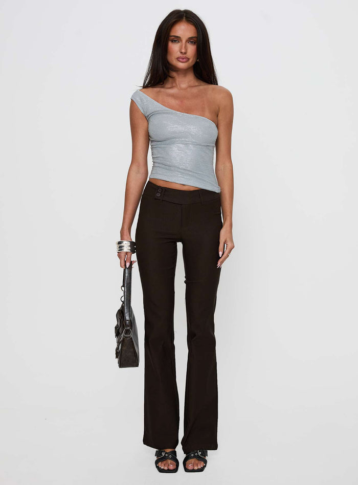 front view of model wearing Princess Polly Kinkirk Flared Pants Chocolate Low Rise Pants