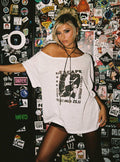 front view of model wearing Princess Polly Kippa Off The Shoulder Tee White Half Sleeves Asymmetric Neckline