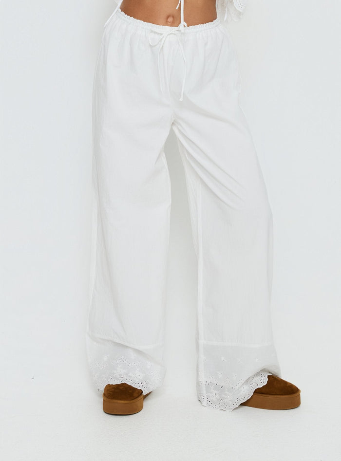 Kissed Chaos Broderie Anglais Tie Waist Trousers White