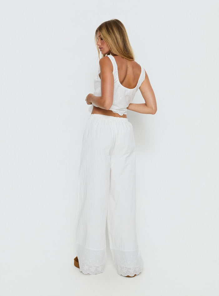 Kissed Chaos Broderie Anglais Tie Waist Trousers White