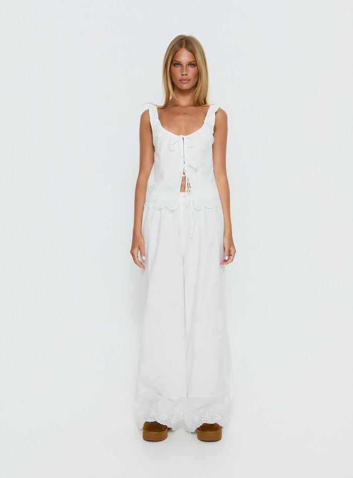 Kissed Chaos Broderie Anglais Tie Waist Trousers White