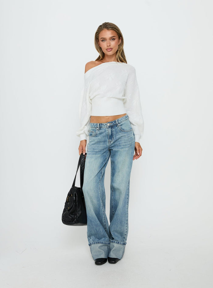 Showcasing the Lalola Asymmetrical Knit Jumper White womens jumpers in short length product Princess Polly