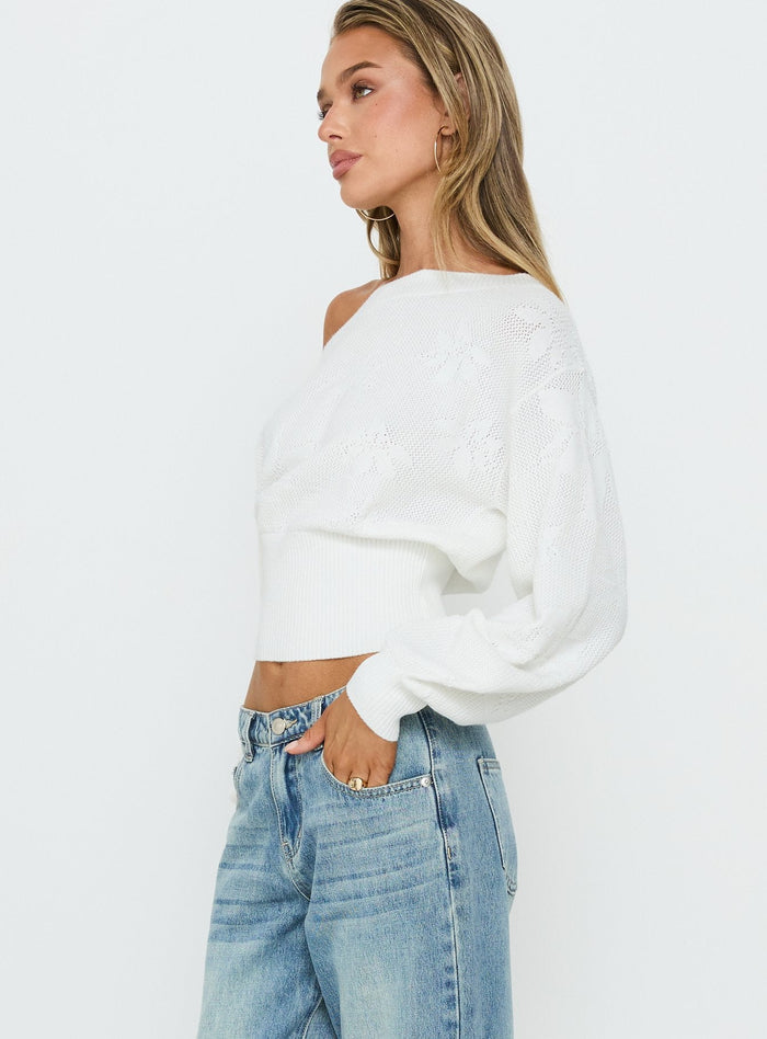 Crafted with Lalola Asymmetrical Knit Jumper White womens jumpers in short length back view of model wearing Princess Polly